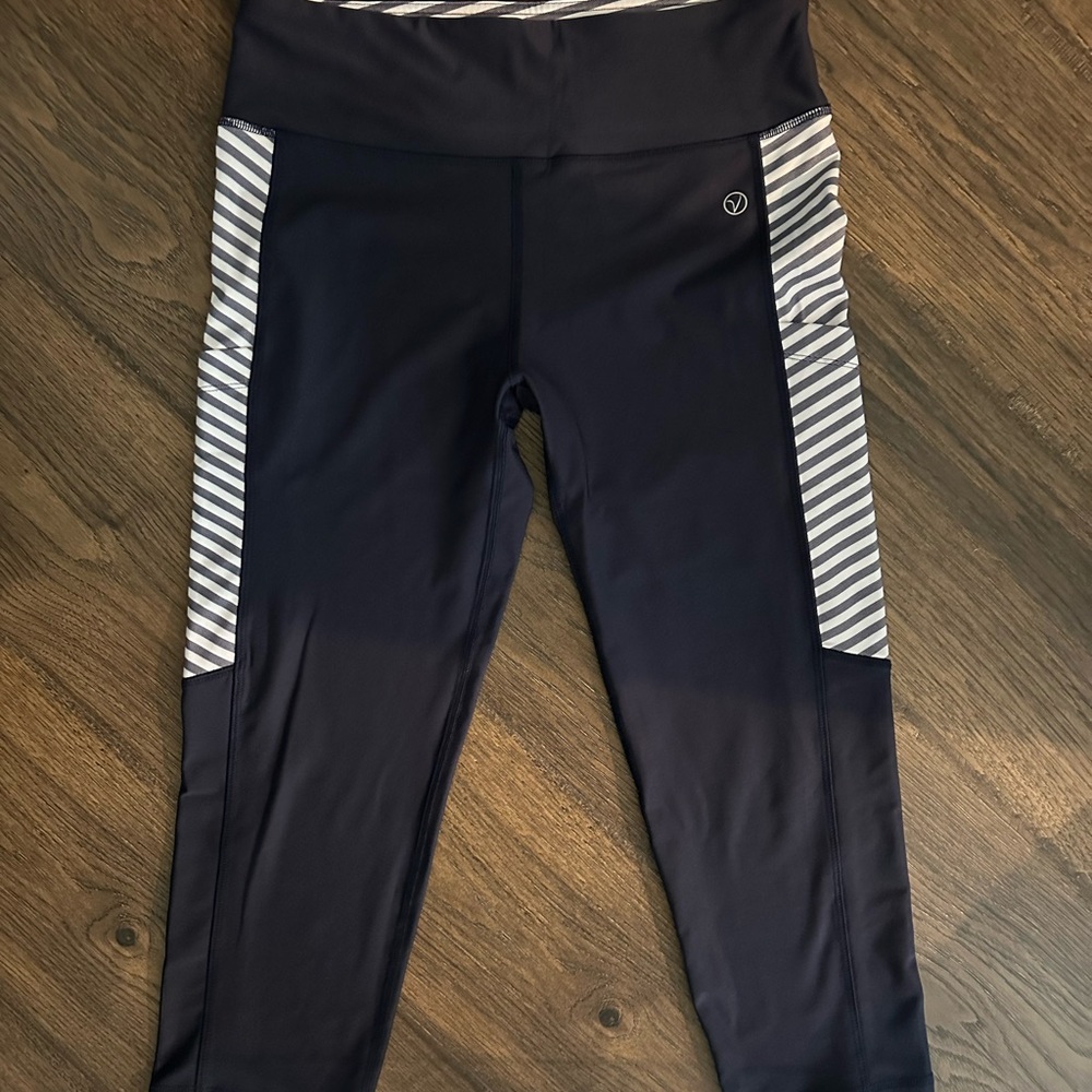Navy and White Striped Capri Leggings - Size Medium